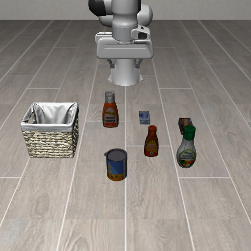 LIBERO scene with a basket, two similar sauce bottles, a can, a salad dressing bottle and small boxes