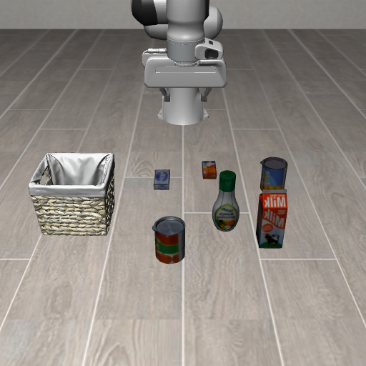 LIBERO scene: a Franka arm above a table with a basket and several grocery items